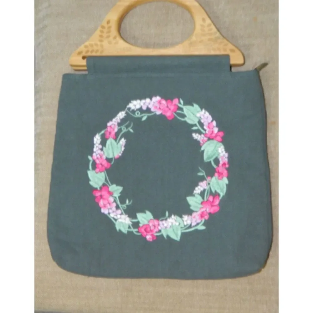 Vintage Blue Green Purse Wood Handles Pink Green‎ Floral Embroidery